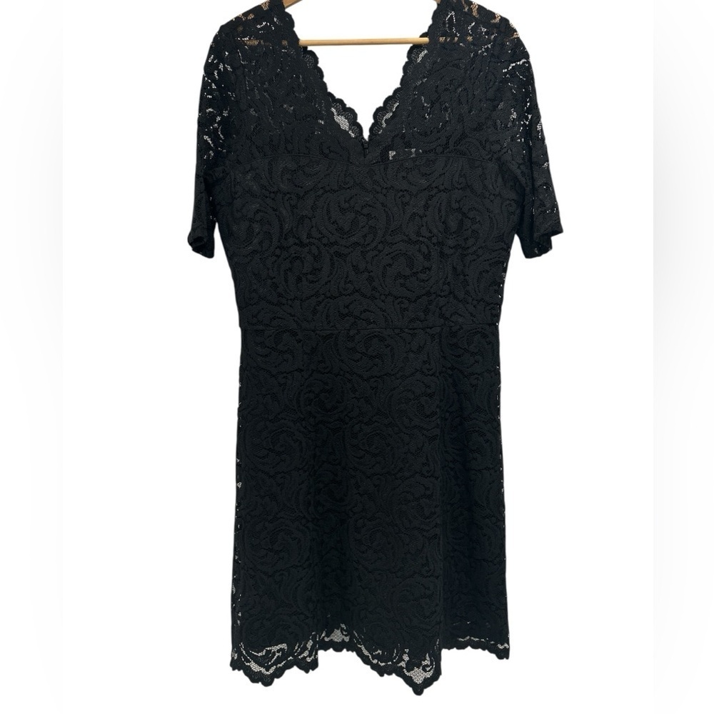 Garnet Hill Black Lace V Neck Short Sleeve Fit and Flare Midi Dress - Size 8